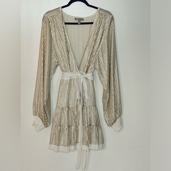 ASOS Champagne Gold/Platinum Metallic Sequins Belted Long Sleeve Wrap Dress - Picture 12 of 15